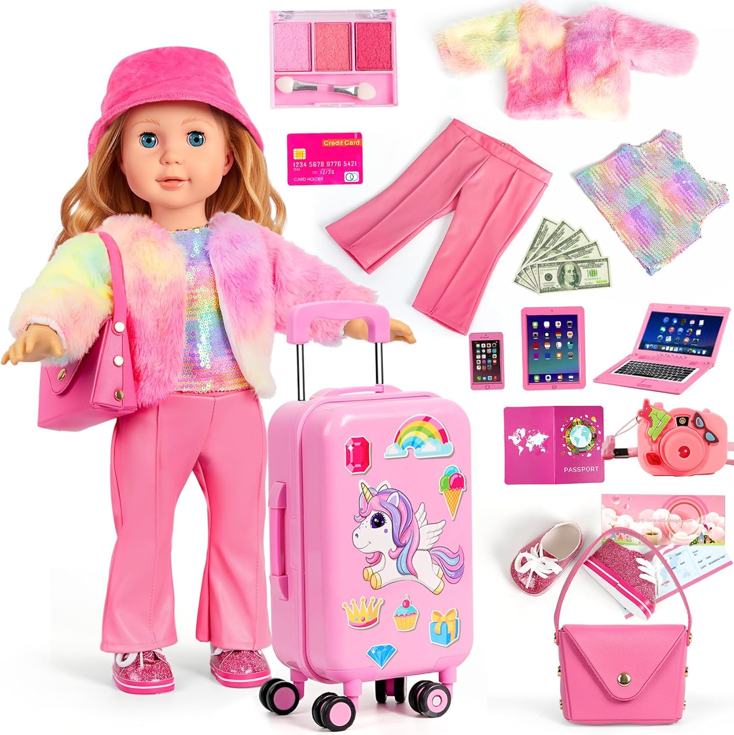 WONDOLL American doll travel suitcase set front view featuring pink rolling luggage and miniature accessories.