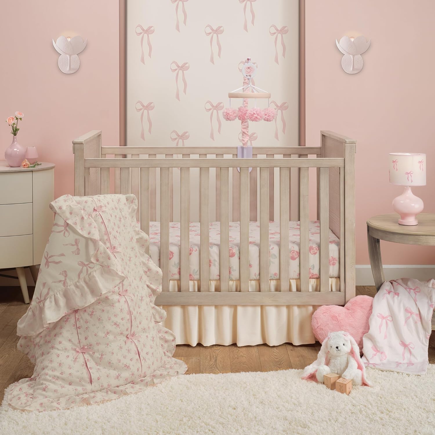 Lambs and Ivy Coquette Floral Pink Bows 3-Piece Baby Crib Bedding Set front view featuring ruffled quilt