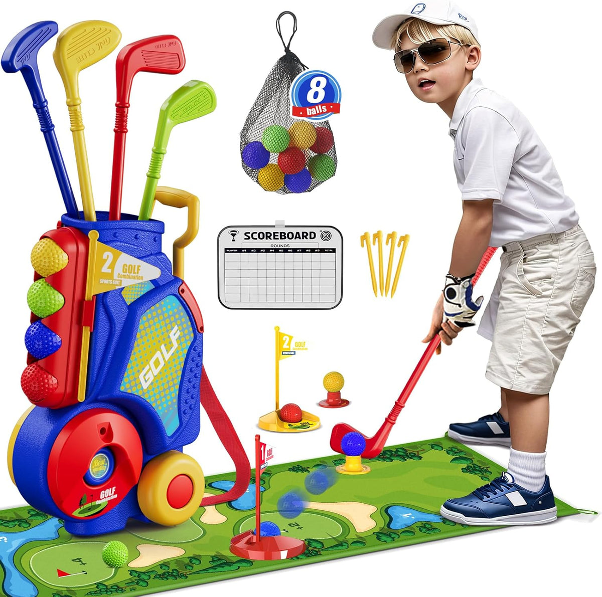 Hyes toddler golf set blue front view with rolling cart
