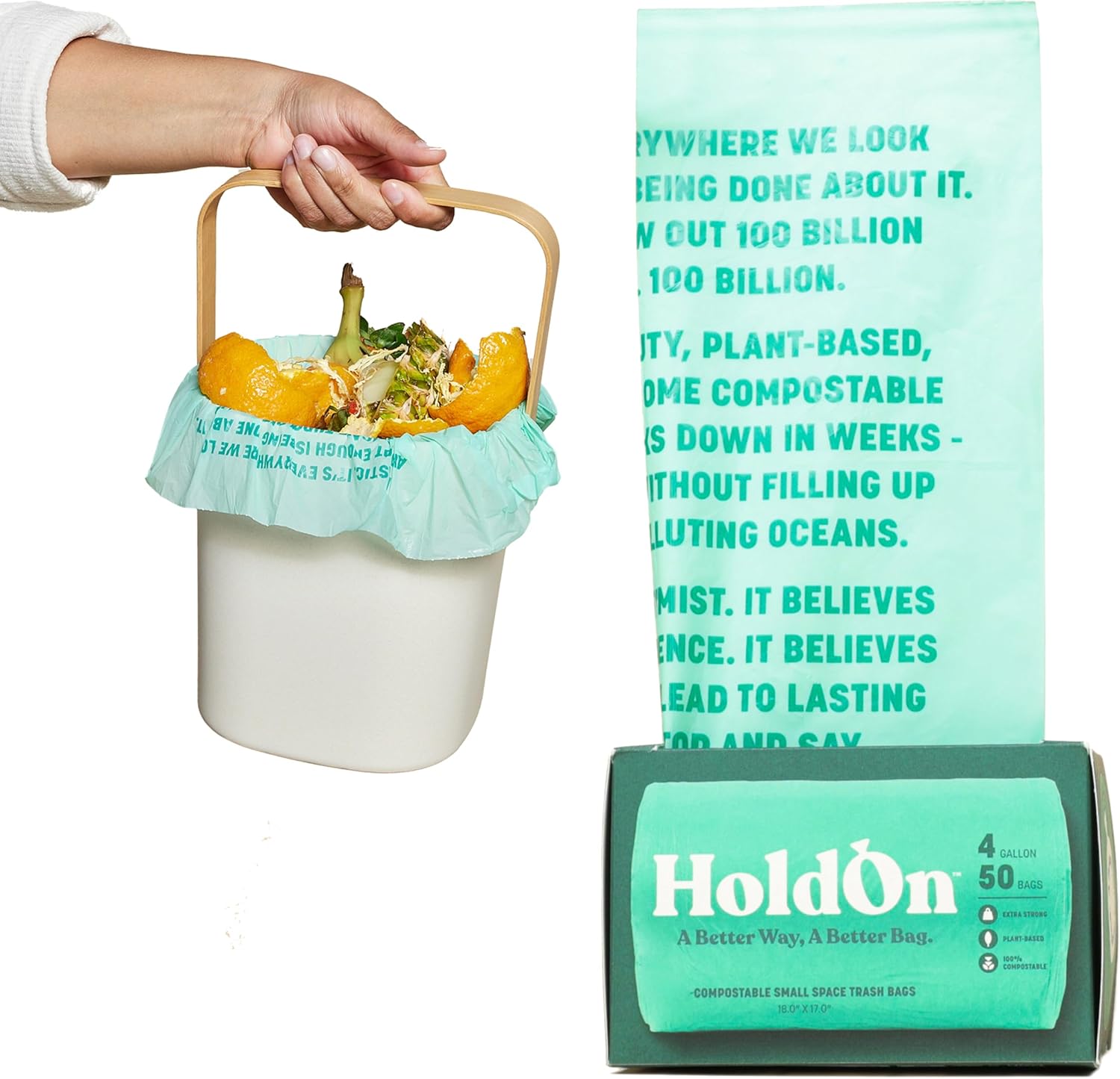 HoldOn plant-based 4-gallon compostable trash bags box front view showing eco-friendly small kitchen liners