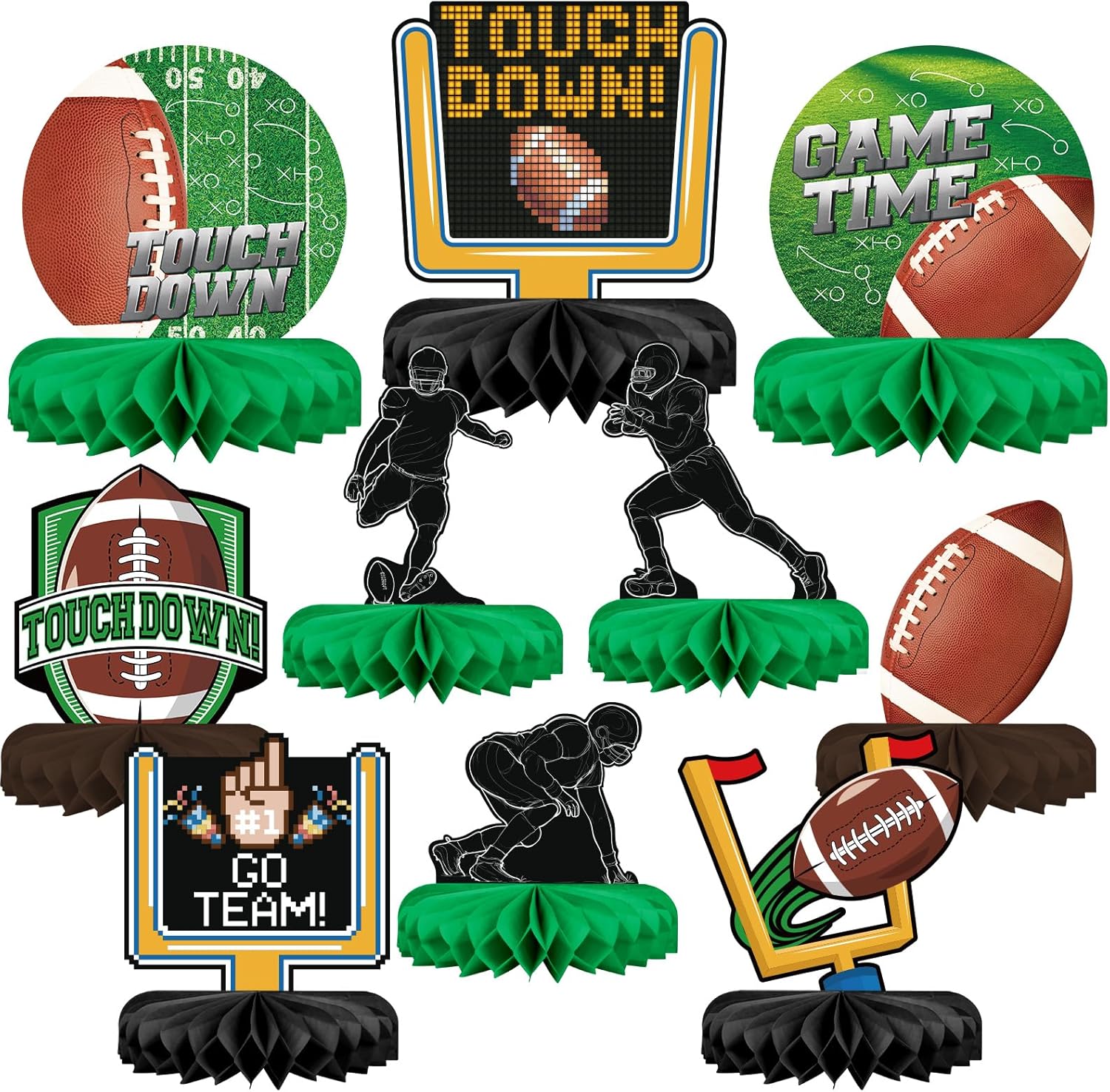 Gatherfun 10 piece football honeycomb centerpieces set front view