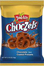 Toad-Ally Choczels milk chocolate snack bags in retail packaging