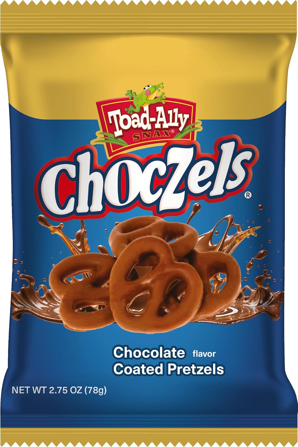 Toad-Ally Choczels milk chocolate snack bags in retail packaging