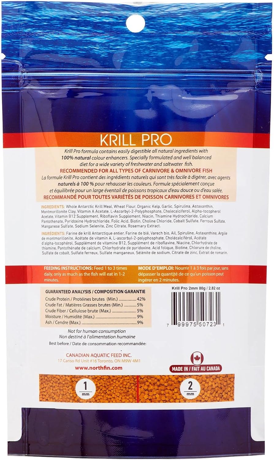Northfin fish food label showing ingredients and feeding guide