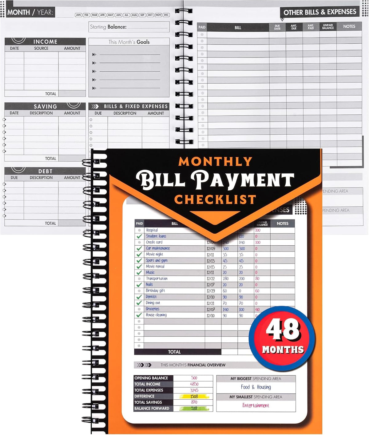 Notewells bill payment notebook spiral binding detail