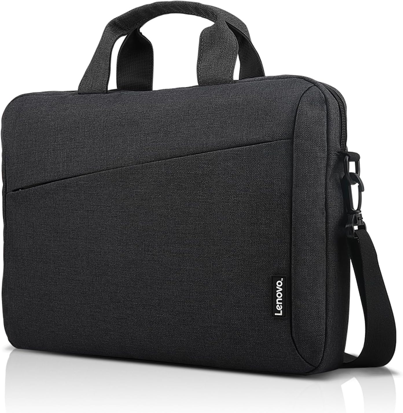 Lenovo casual laptop briefcase T210 front view in black color showing the durable water repellent fabric skin