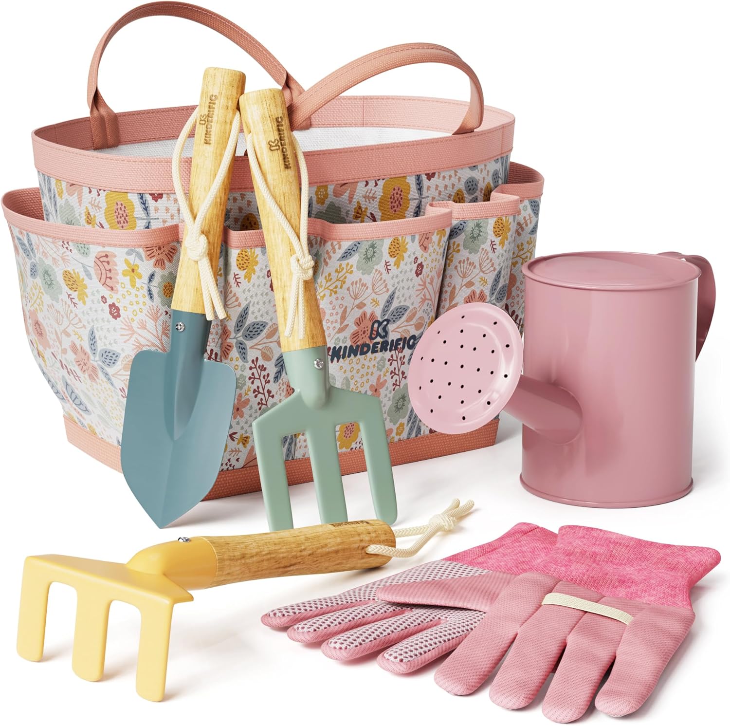 Kinderific kids gardening set tool kit front view showing the complete seven piece petal pink floral set
