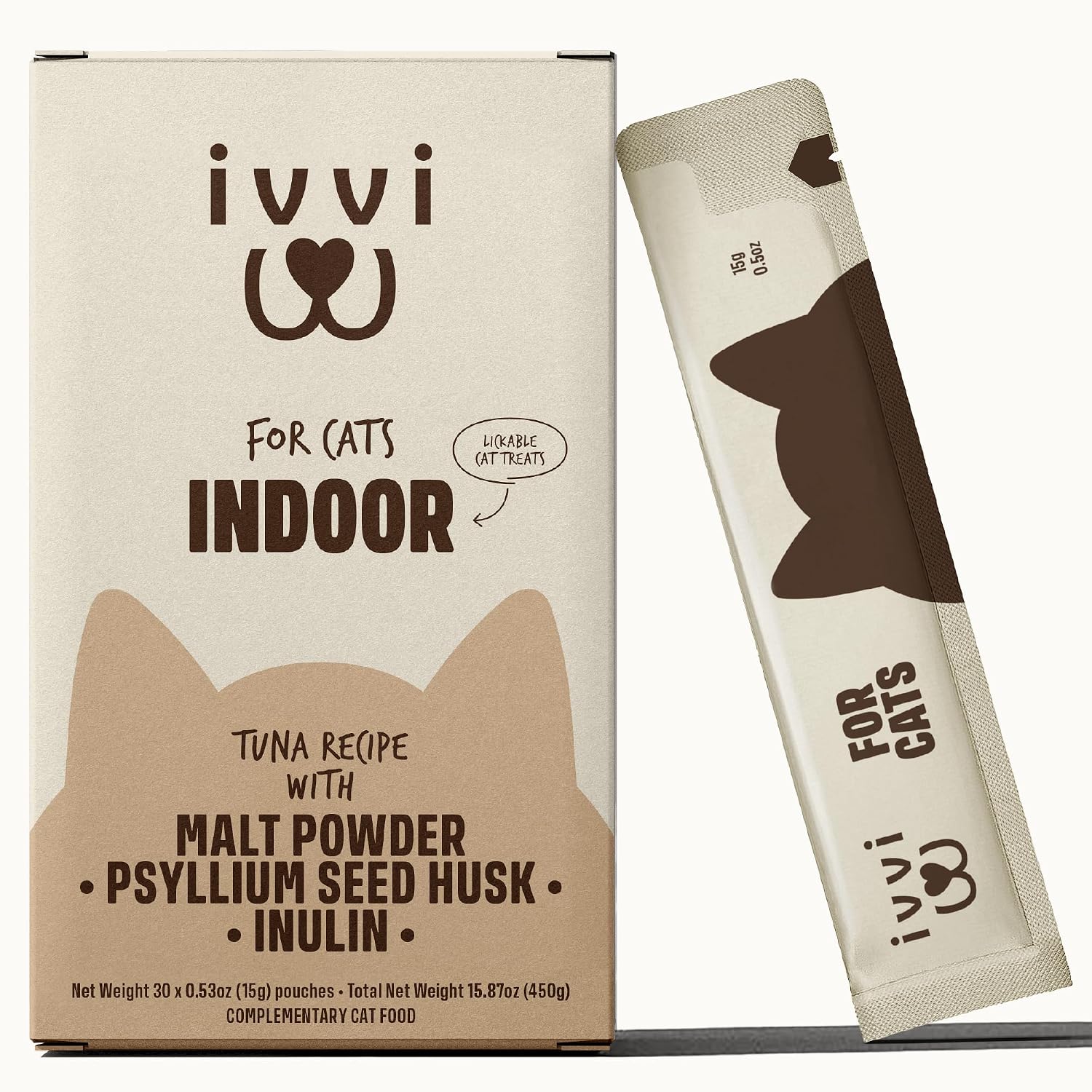 Ivvi Indoor Hairball Support Cat Treat front view pack of 30 creamy lickable sachets