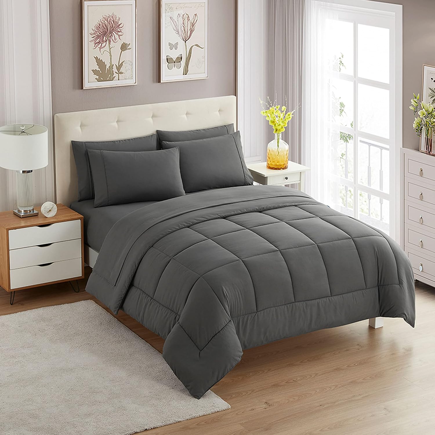 Sweet Home Collection 5 Piece Comforter Set in gray displayed on bed
