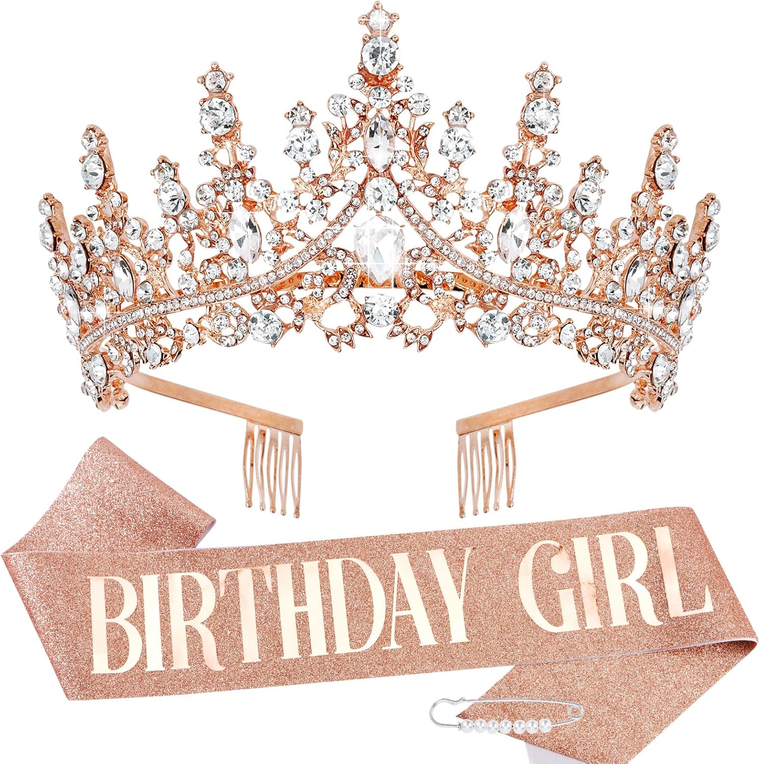 PALAY TOBATOBA birthday crown and sash front view showing rose gold rhinestone tiara and birthday girl lettering