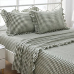 K Masaniji sage green white gingham ruffle sheets twin size front view