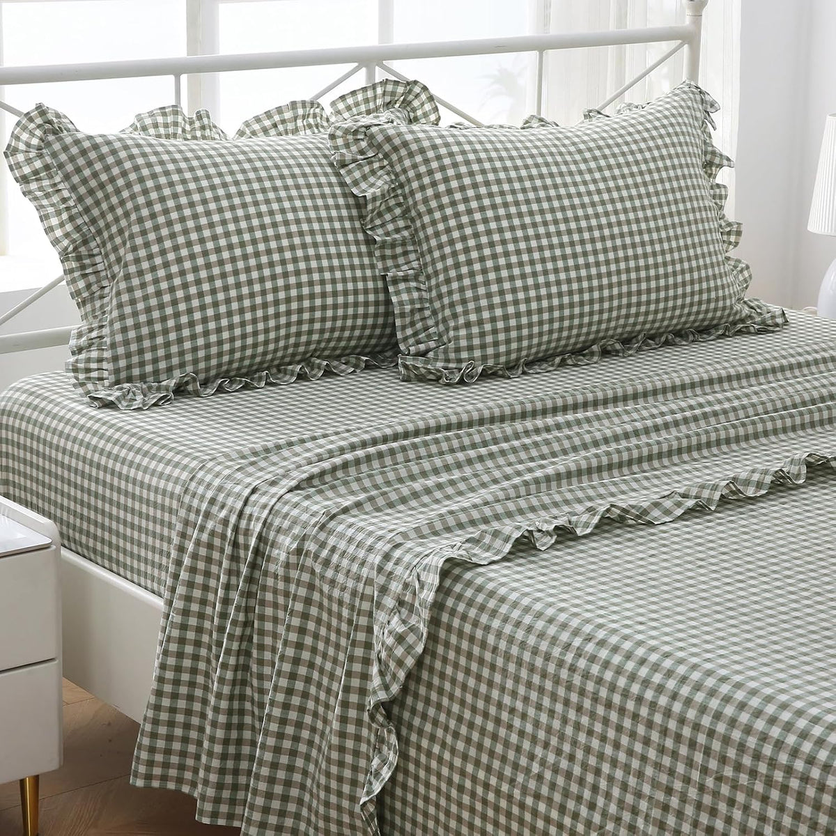 K Masaniji sage green white gingham ruffle sheets twin size front view