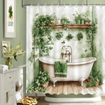 MEHOFOND Saint Patricks Day Shower Curtain front view featuring a green watercolor farmhouse bathtub design.