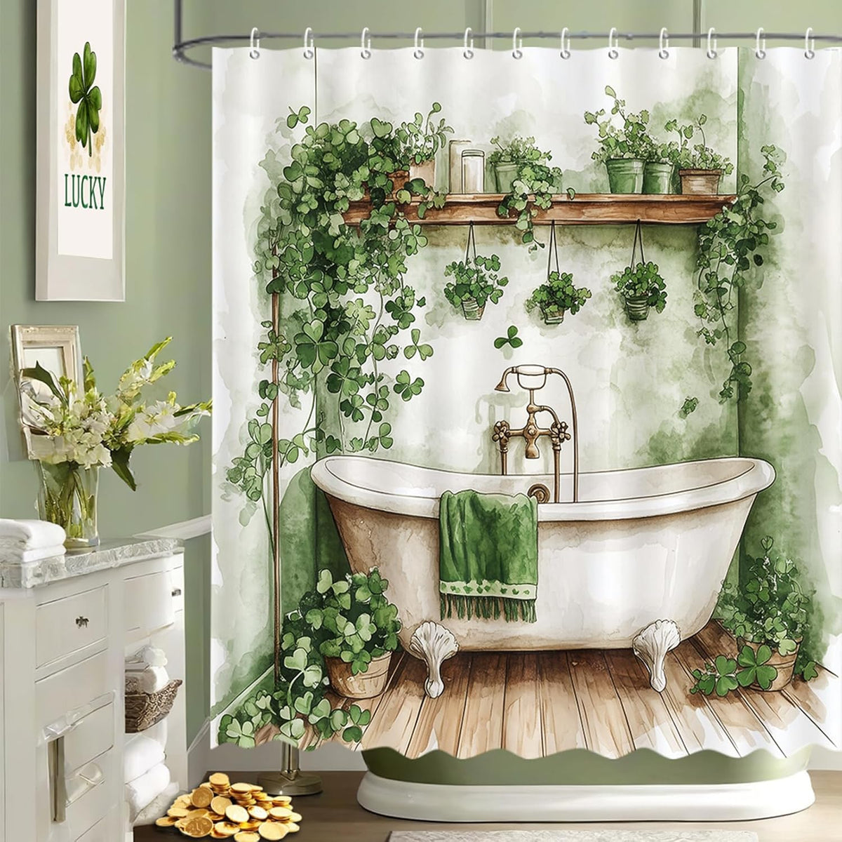 MEHOFOND Saint Patricks Day Shower Curtain front view featuring a green watercolor farmhouse bathtub design.