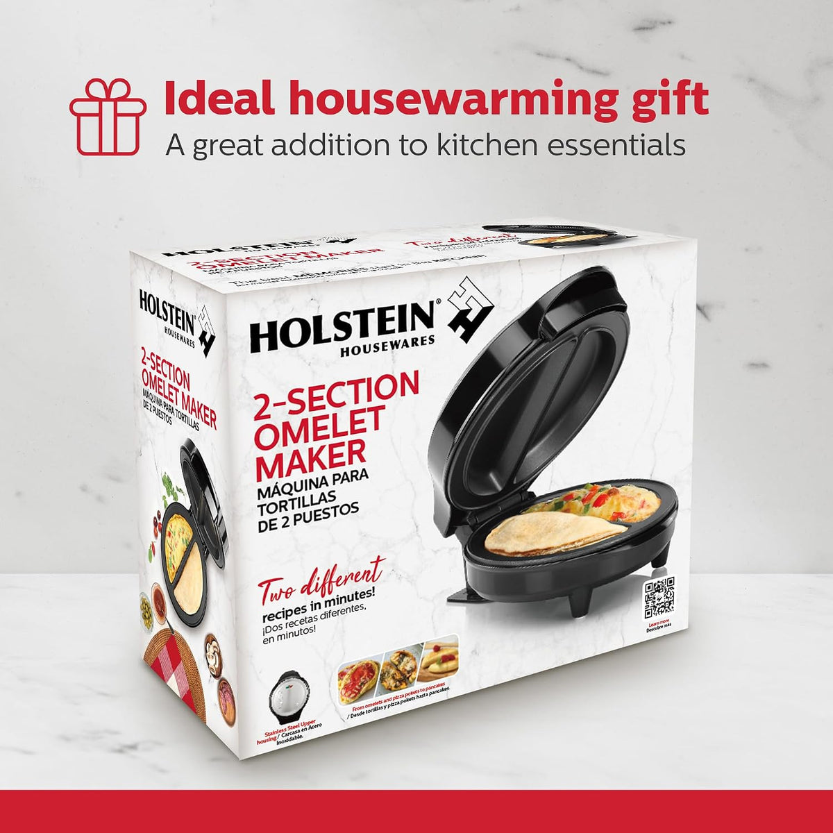 Holstein Housewares Stainless Steel 2 Section Omelet & Frittata Maker, Non Stick Coating, Easy To Clean, Indicator Lights, Compact Storage, Prepare Versatile Recipes in Minutes. 2 Portions, Black - Image 8