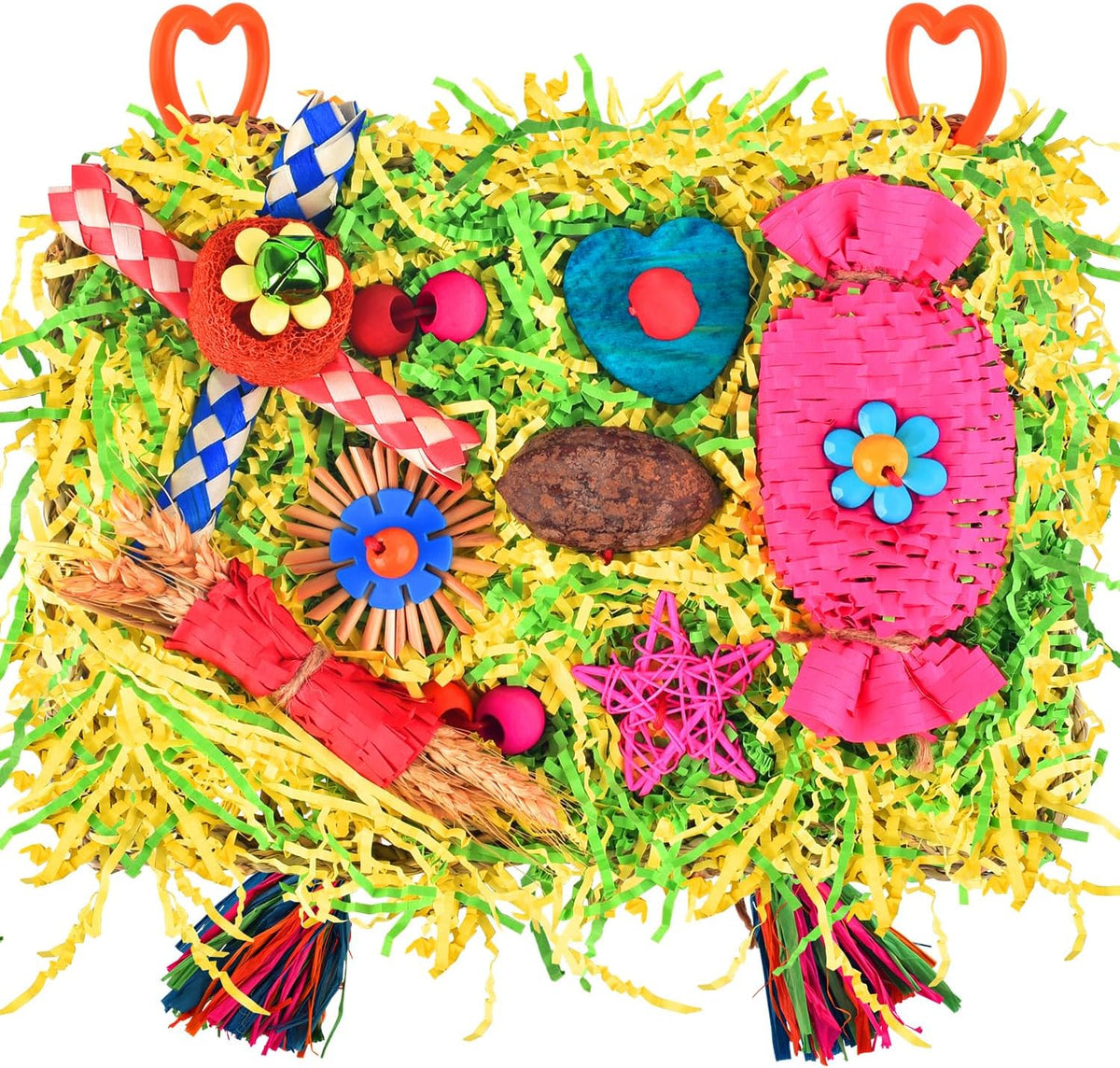 Bird foraging mat with seeds and treats tucked inside the woven grass mesh.