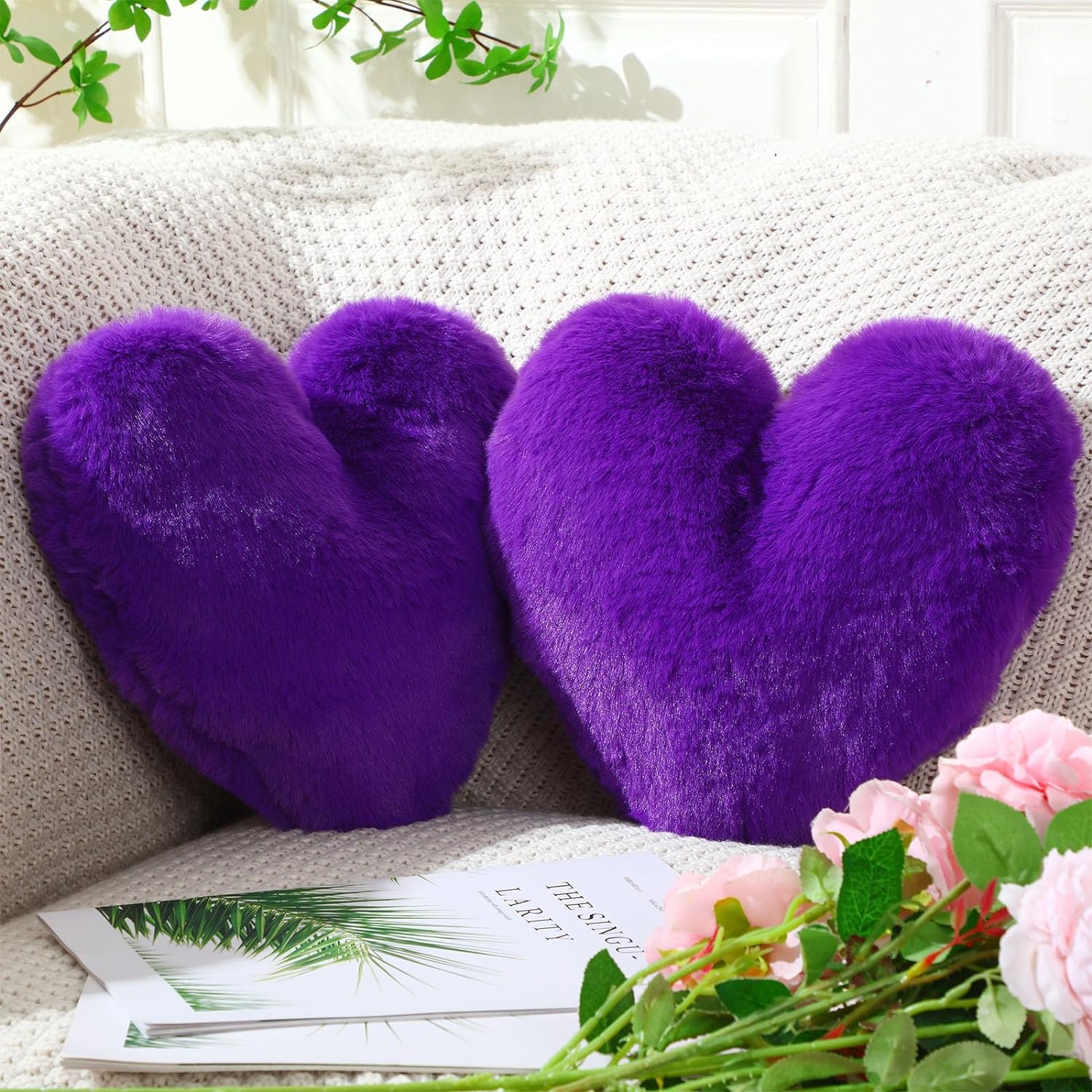 Marsui heart shaped fluffy decorative throw pillows set front view
