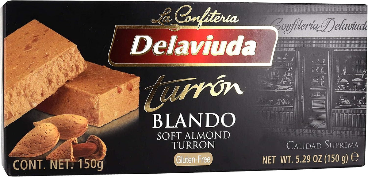 Close up of Delaviuda soft almond turron blando highlighting the creamy honey and nut ingredient blend.