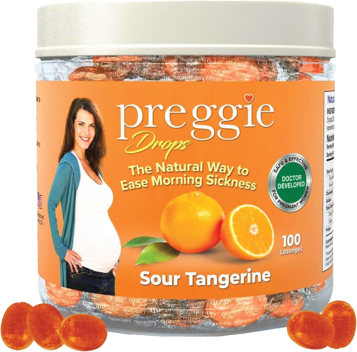 Three Lollies Preggie Pop Drops Sour Tangerine front packaging view showing morning sickness relief candy.