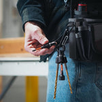 Screwdriver bit holder clip attached to tool bag