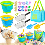DISHIO Beach Toys for Kids, 25 Pcs Metal Sand Sifter & Collapsible Beach Buckets Set, Stainless Steel Sand Shovel, Sandcastle Building Kit with Mesh Bag, Travel Sand Toys for Toddlers Age 3-10 - Image 1