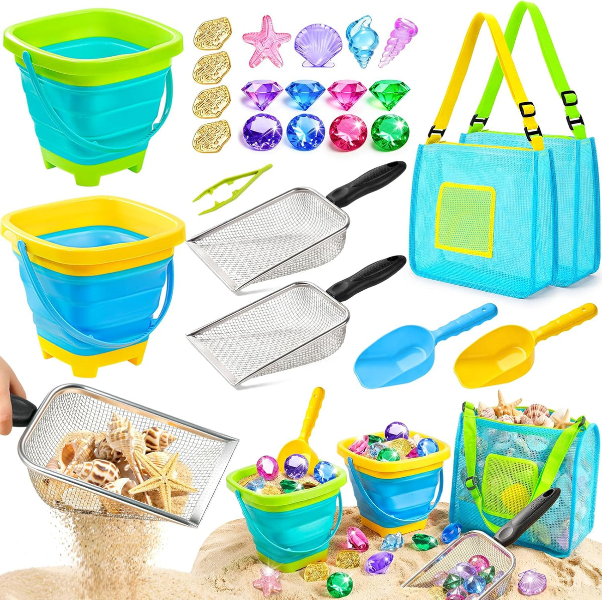 DISHIO Beach Toys for Kids, 25 Pcs Metal Sand Sifter & Collapsible Beach Buckets Set, Stainless Steel Sand Shovel, Sandcastle Building Kit with Mesh Bag, Travel Sand Toys for Toddlers Age 3-10 - Image 1