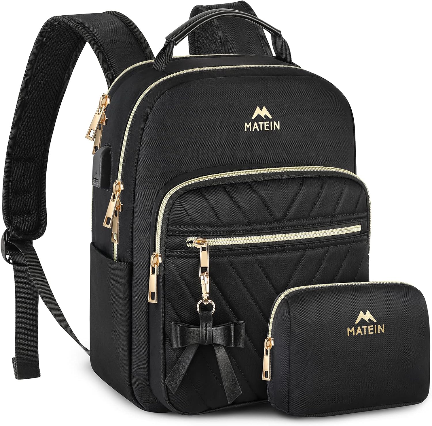 MATEIN mini backpack for women in black showing front view with gold zippers