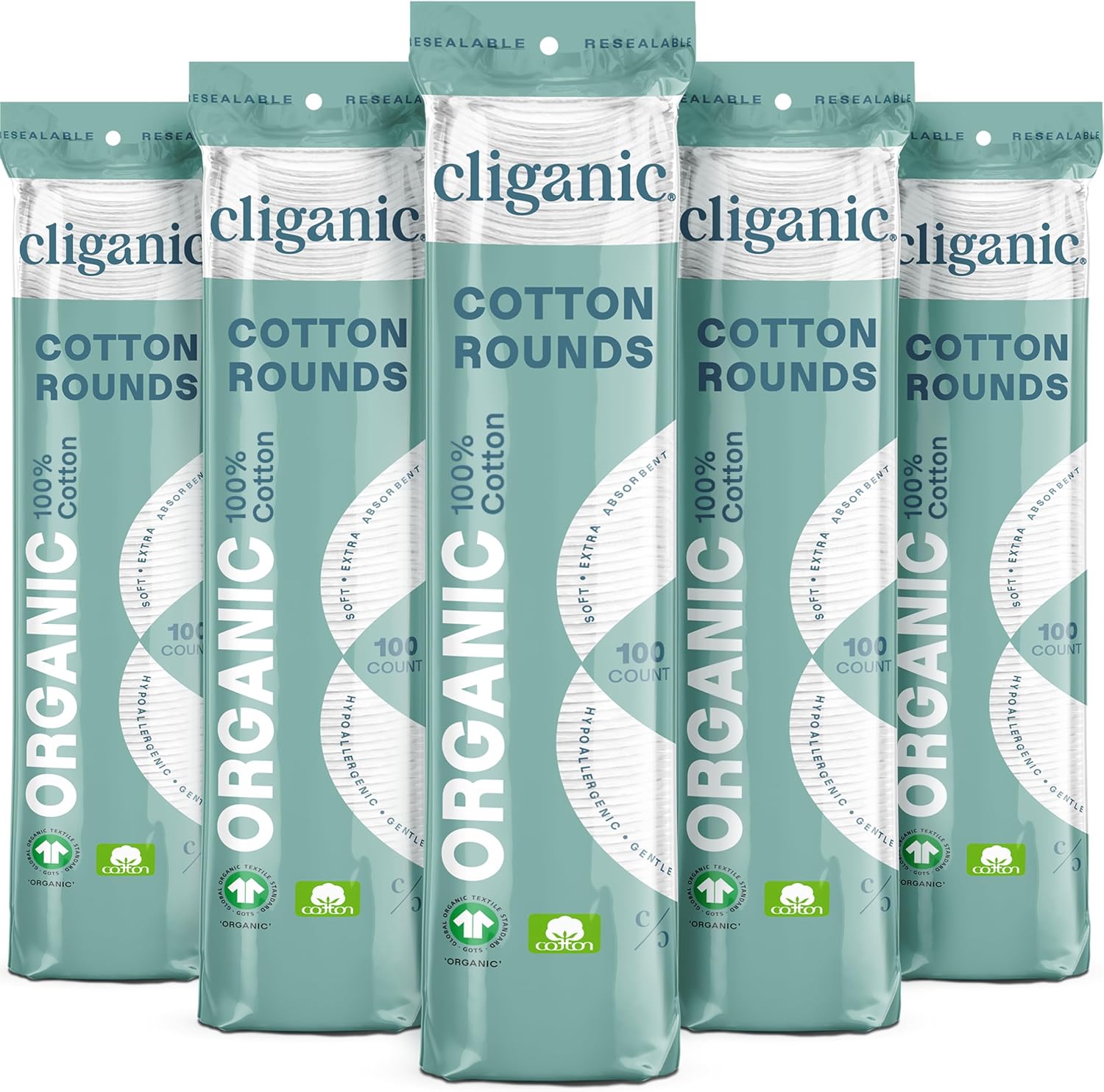 Cliganic Organic Cotton Rounds front view packaging of makeup remover pads.