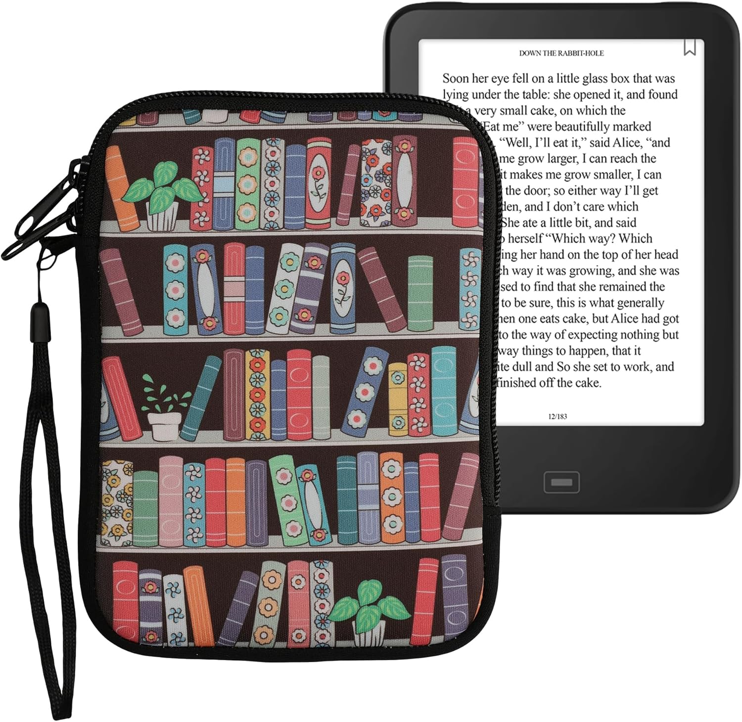 Kwmobile neoprene e-reader pouch front view with Summer Library design