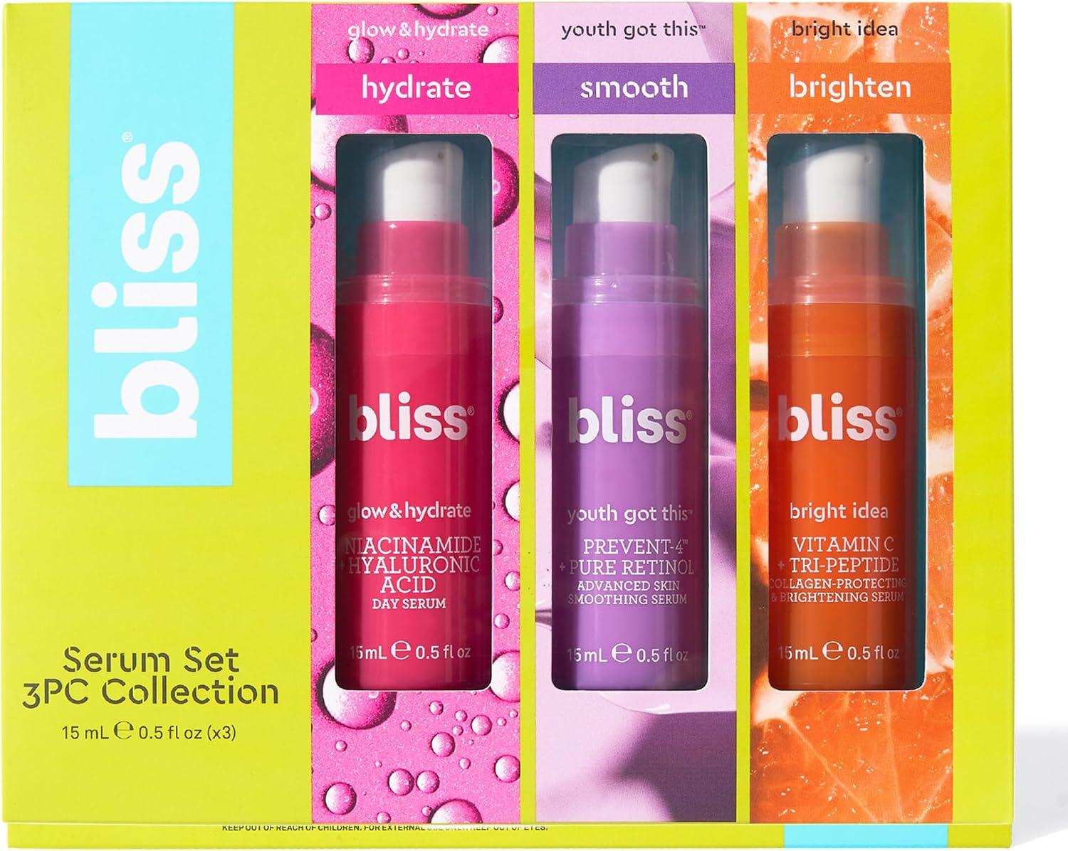 Bliss Skincare Mini Serum Set - Vitamin C, Retinol & Hyaluronic Acid Face Serums - Brightening, Anti-Aging & Hydrating Kit - Travel Size Gift Set (3 Pack) - Image 1