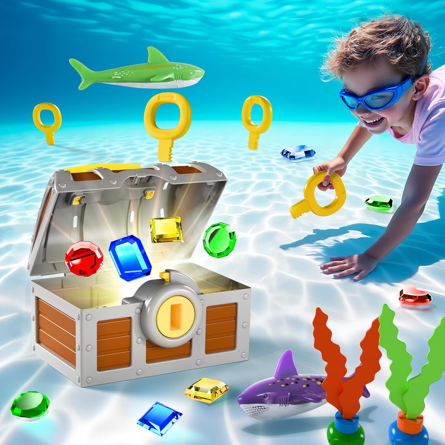 Funscape Kids Diving Pool Toy large treasure chest front view with colorful gems and keys.