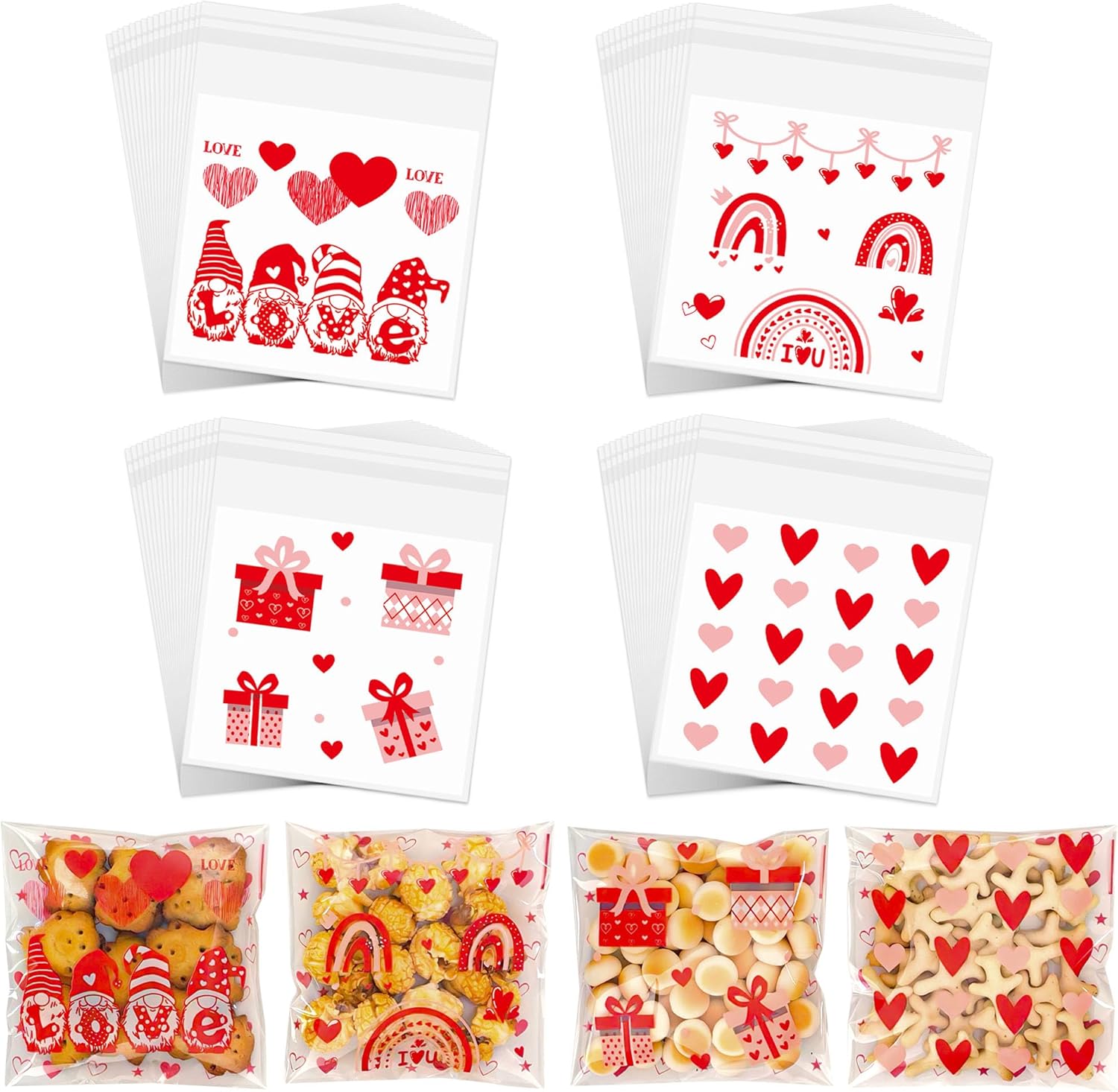 ZYLOP Valentines Day self sealing cookie bags front view showing clear plastic treat pouches with red hearts
