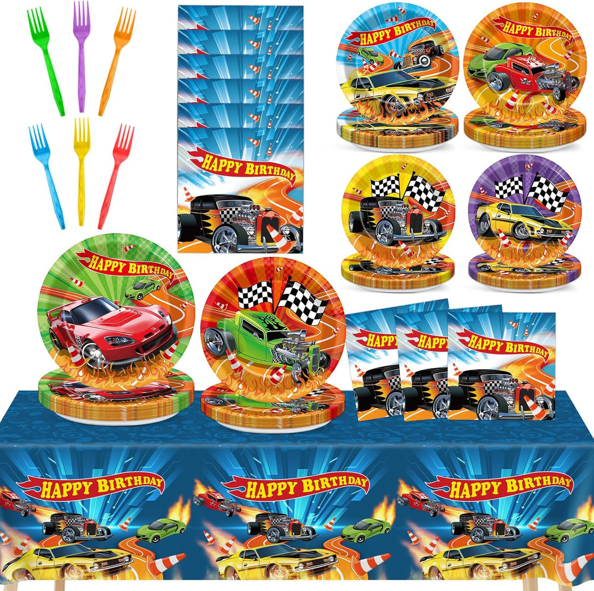 Amscan race car party supplies set featuring checkered flag design