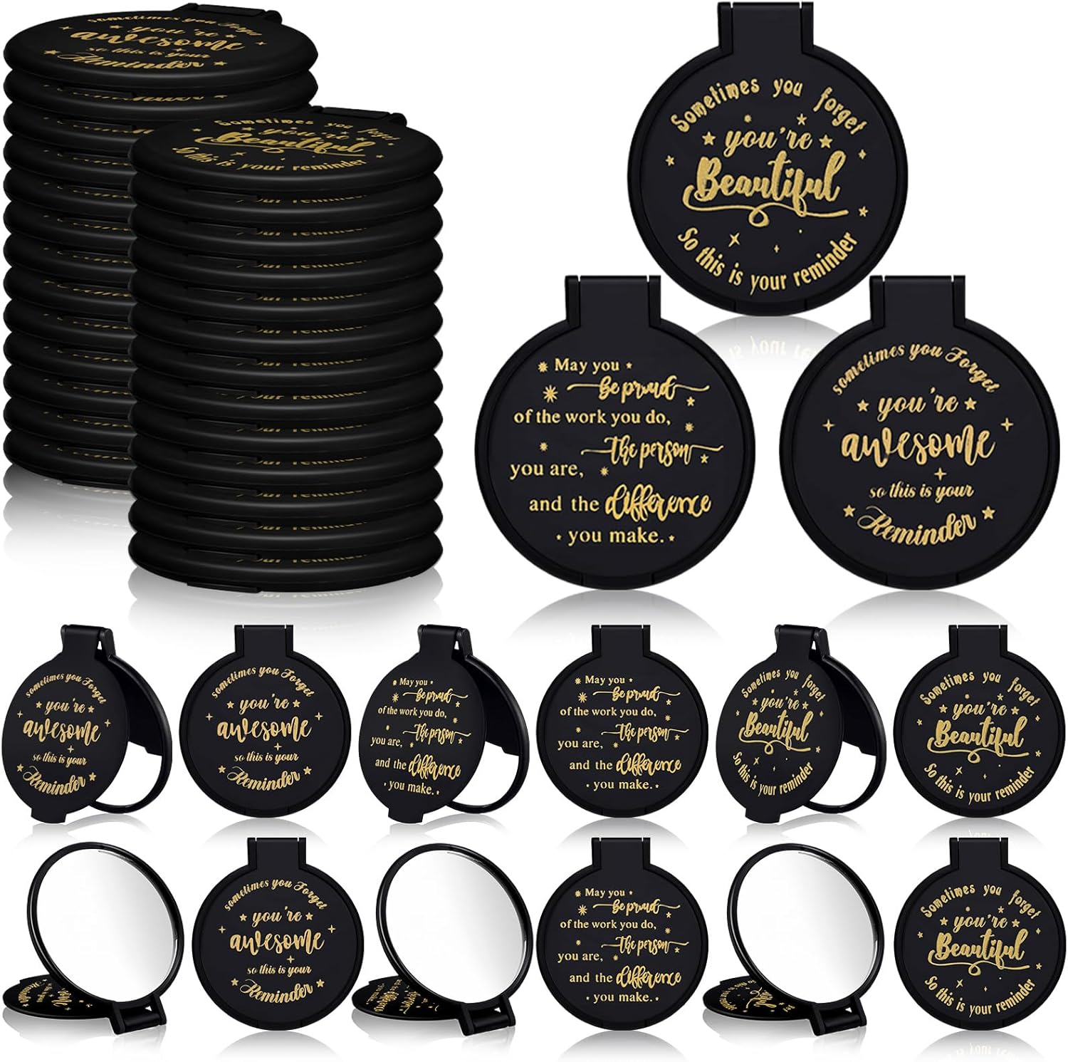 Wenqik 100 Pieces Inspirational Mini Compact Mirror front view showcasing the black and gold inspirational cover design.