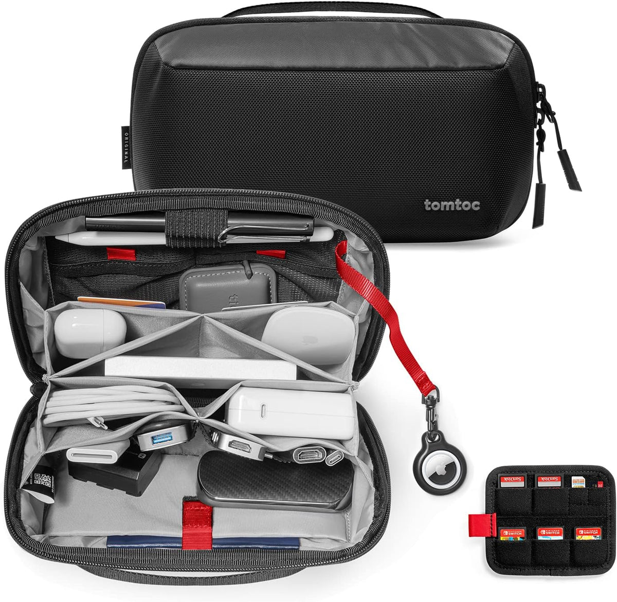 Tomtoc electronic organizer accessory tech pouch in black front view showing premium water-resistant material