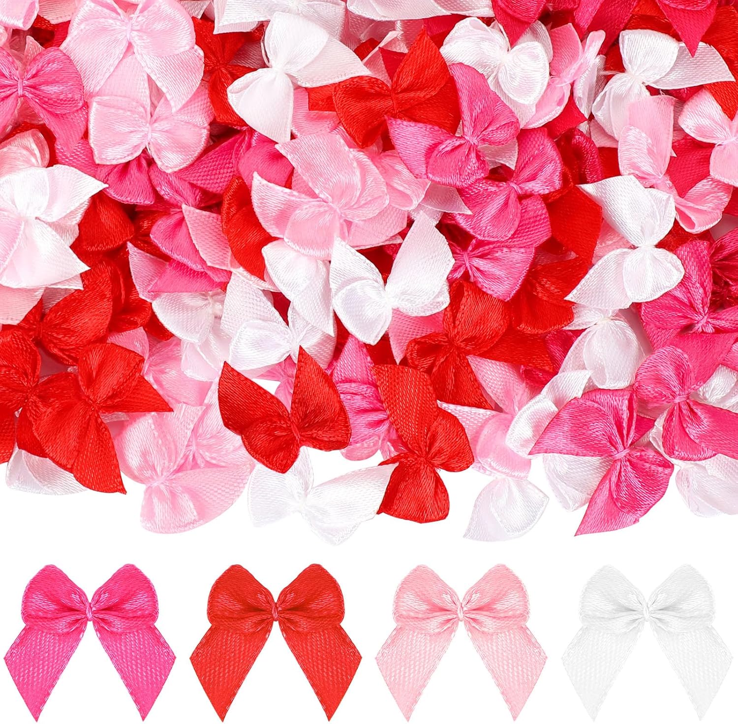 JUNEBRUSHS Valentine's Day tiny satin ribbon bows front view assortments for DIY crafts.