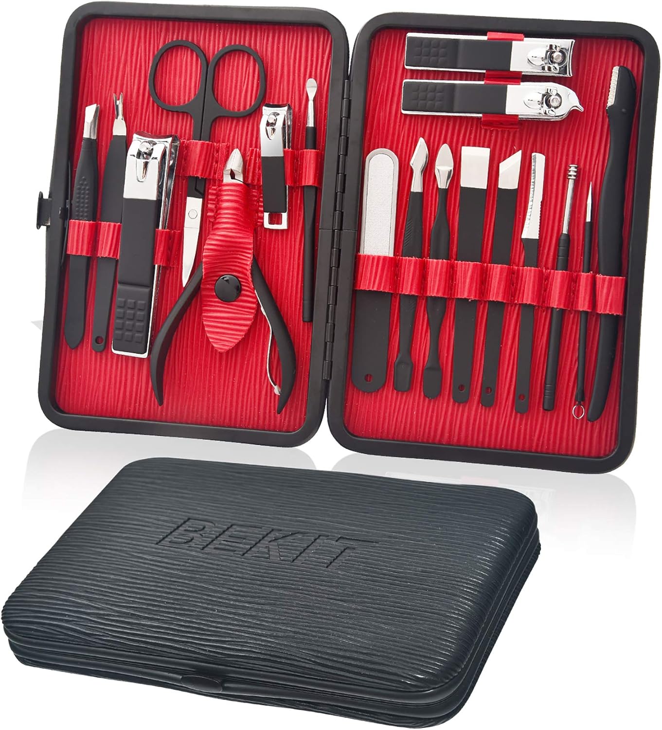 Bekit 18-in-1 manicure set front view showcasing the black stainless steel grooming tools and travel case.