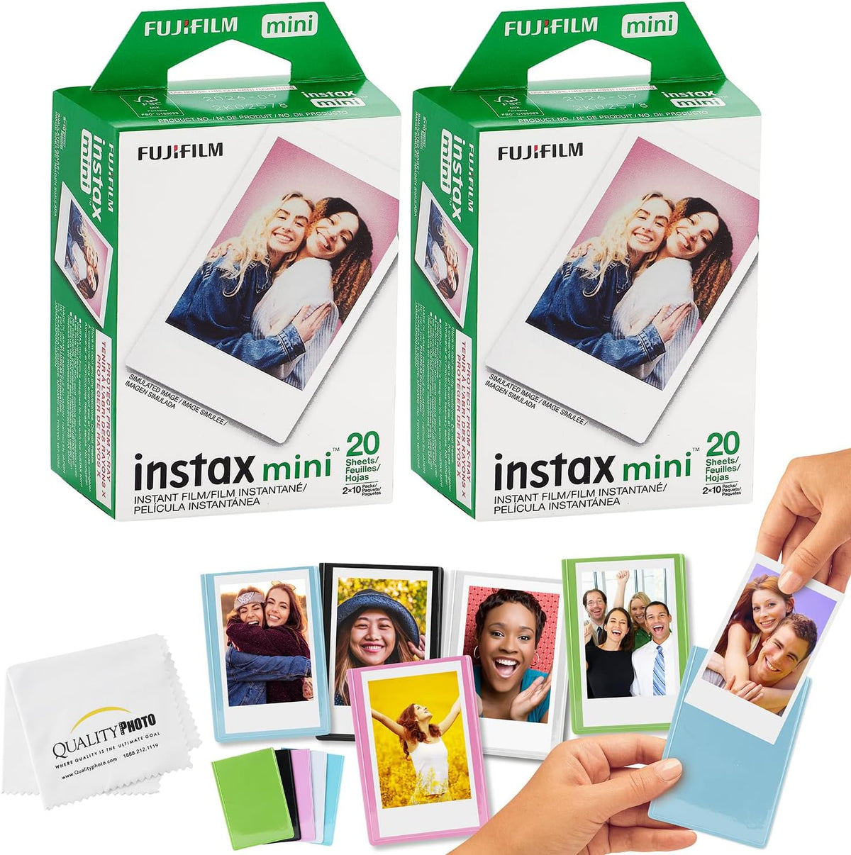 Fujifilm Instax Mini instant film twin pack front view with forty print exposures and colorful magnetic photo frames.