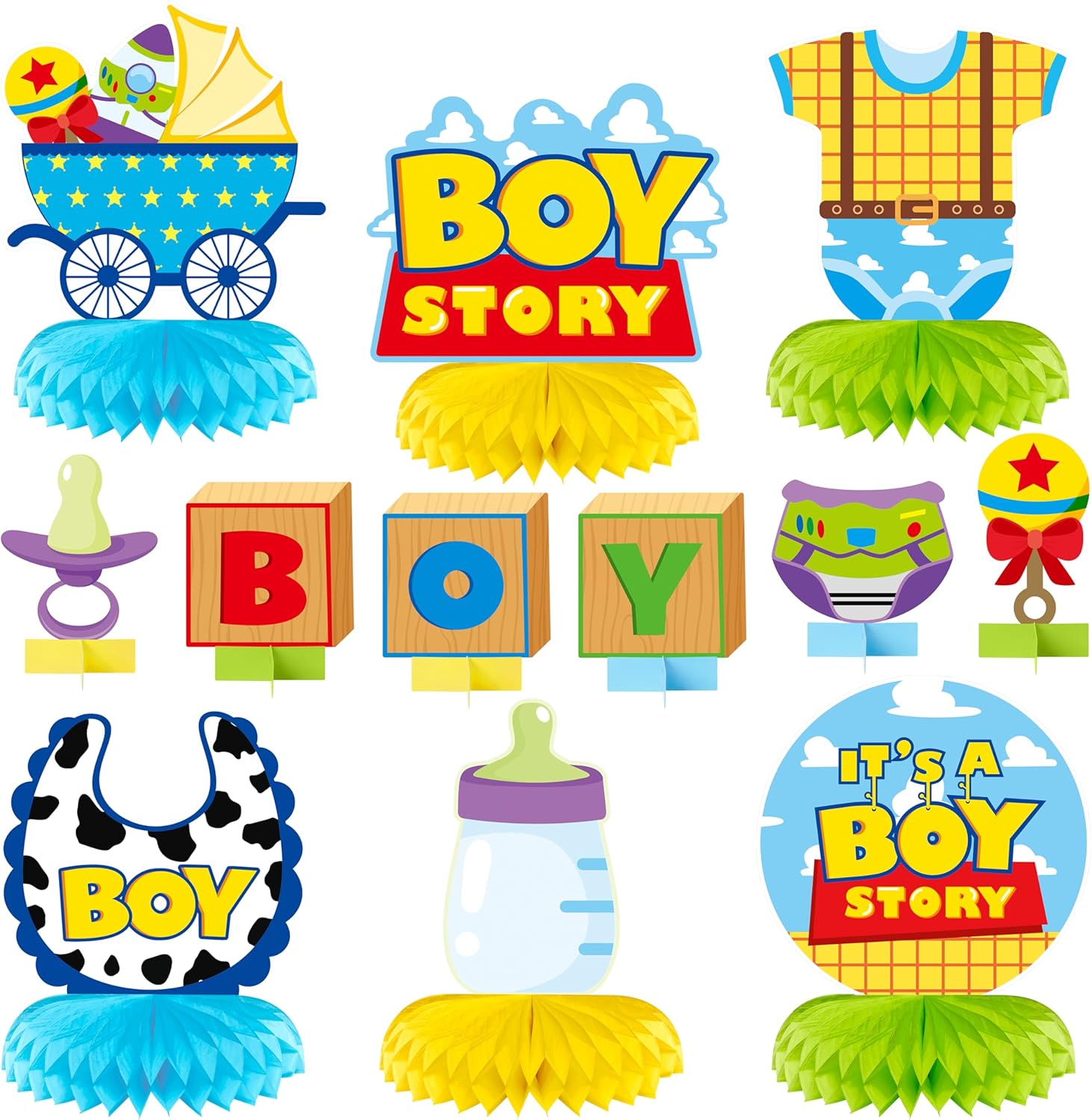 Usoway Boy Story honeycomb centerpieces front view on a party table