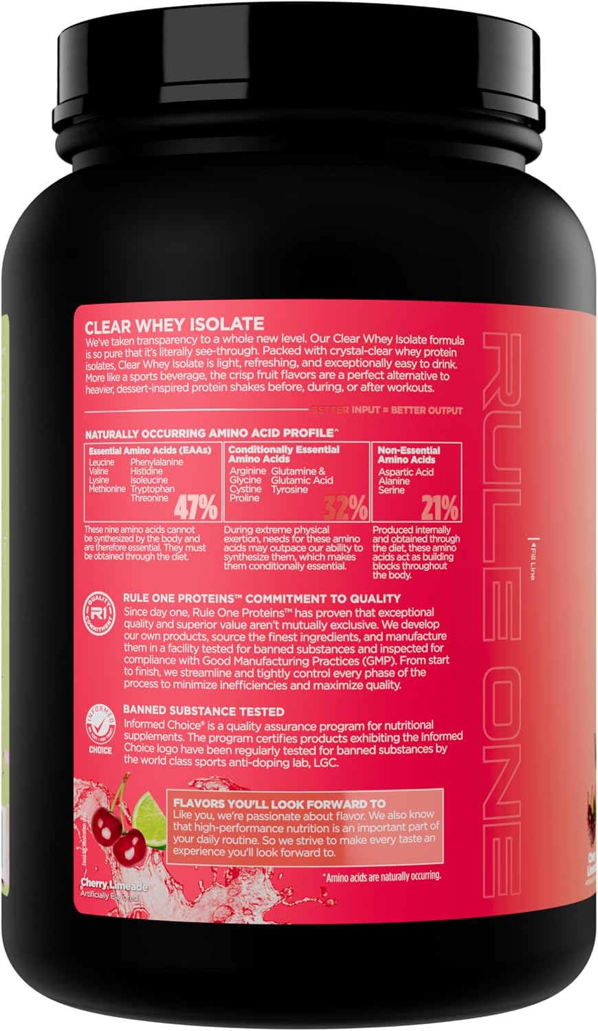 Rule 1 clear whey isolate tub back panel featuring nutrition facts