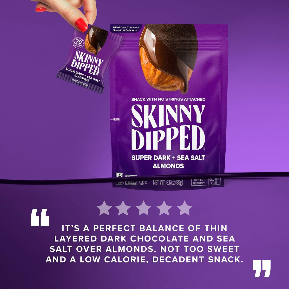 SkinnyDipped non GMO artisan dark chocolate sea salt whole almonds container texture