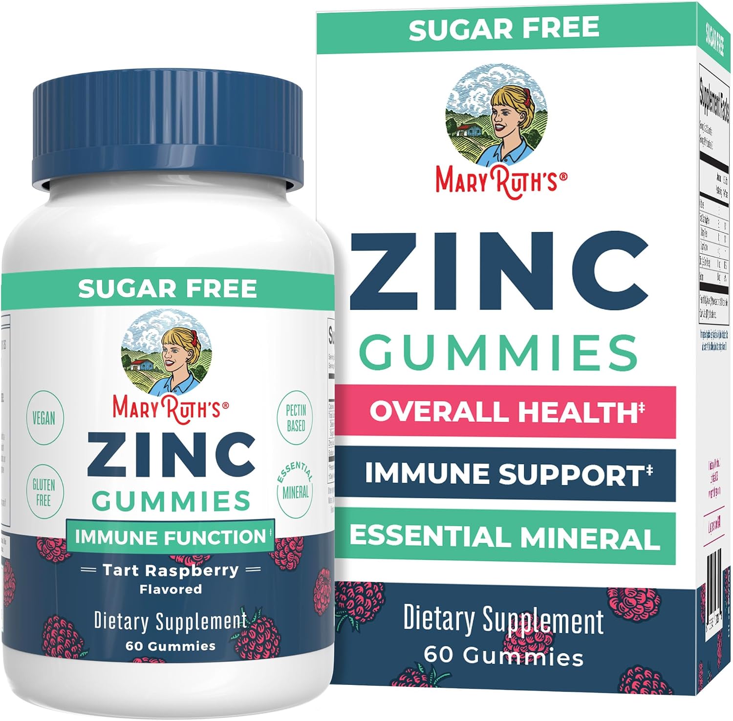 MaryRuth Organics zinc gummies front view bottle with tart raspberry flavor label