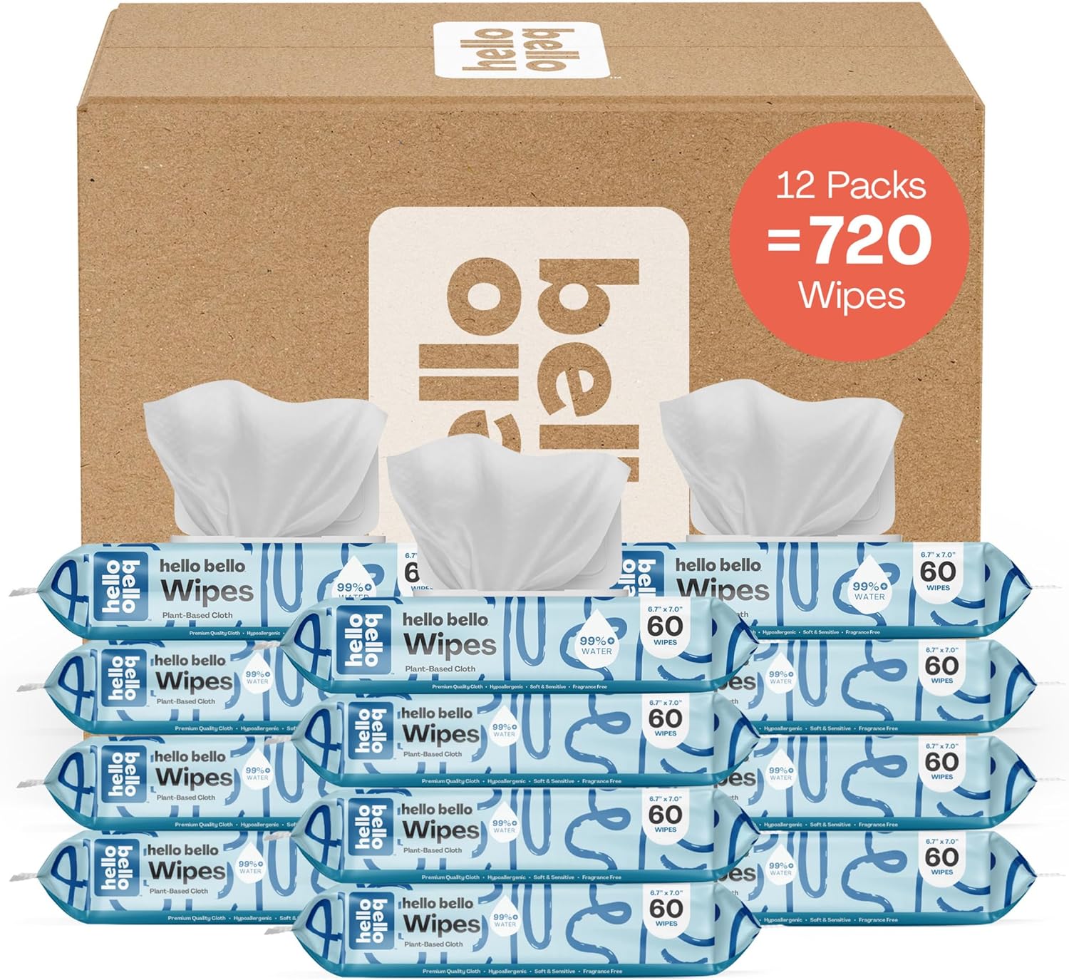 Hello Bello Extra Gentle Unscented Baby Wipes, Plant Based, Made with 99% Water and Aloe for Babies and Kids, 720 Count - Image 1