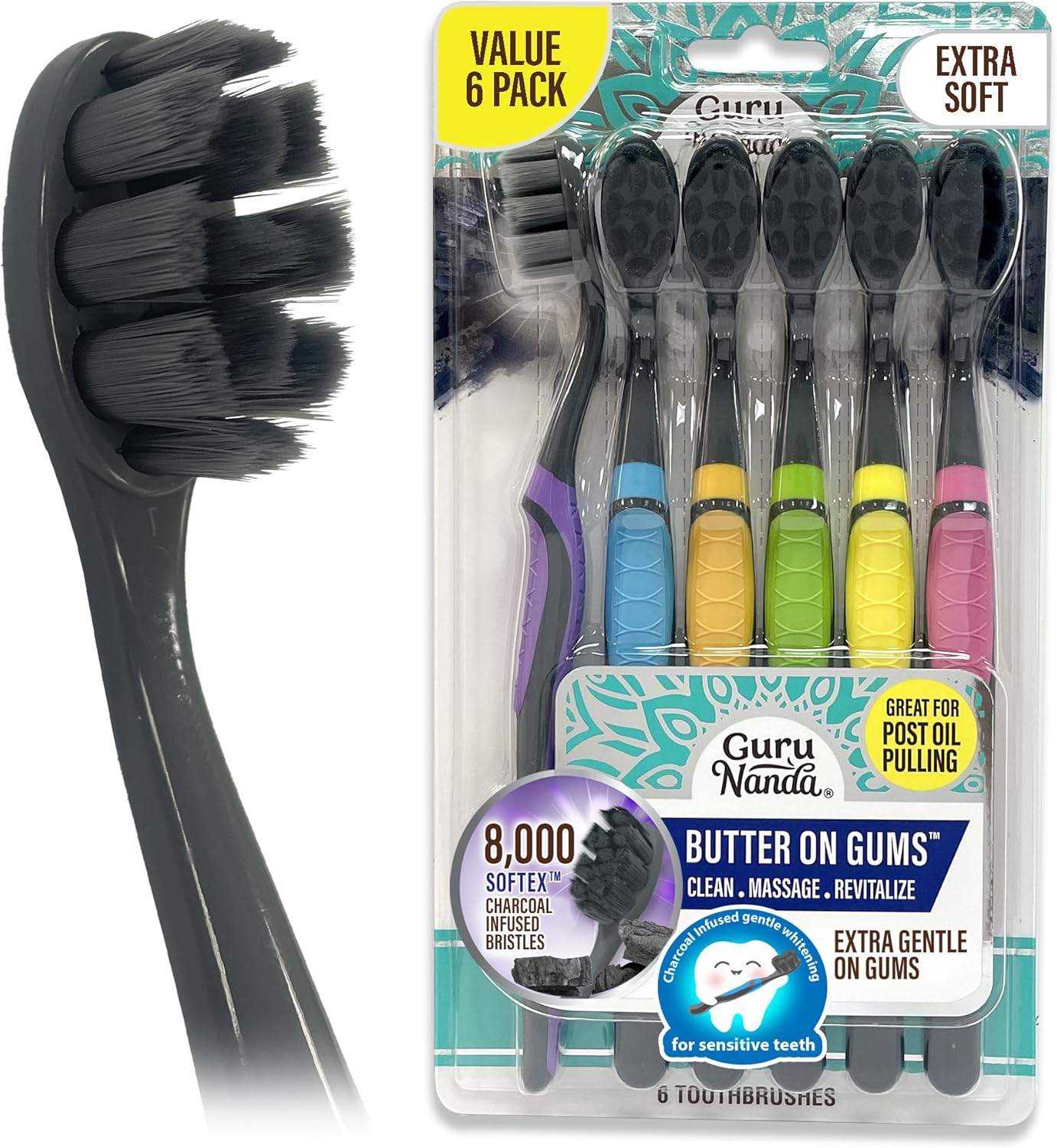 GuruNanda Butter on Gums Charcoal Toothbrush - 8000+ Softex Bristles for Sensitive Teeth & Gums, Aids in Teeth Whitening, Extra Soft (6 Count) - Image 1