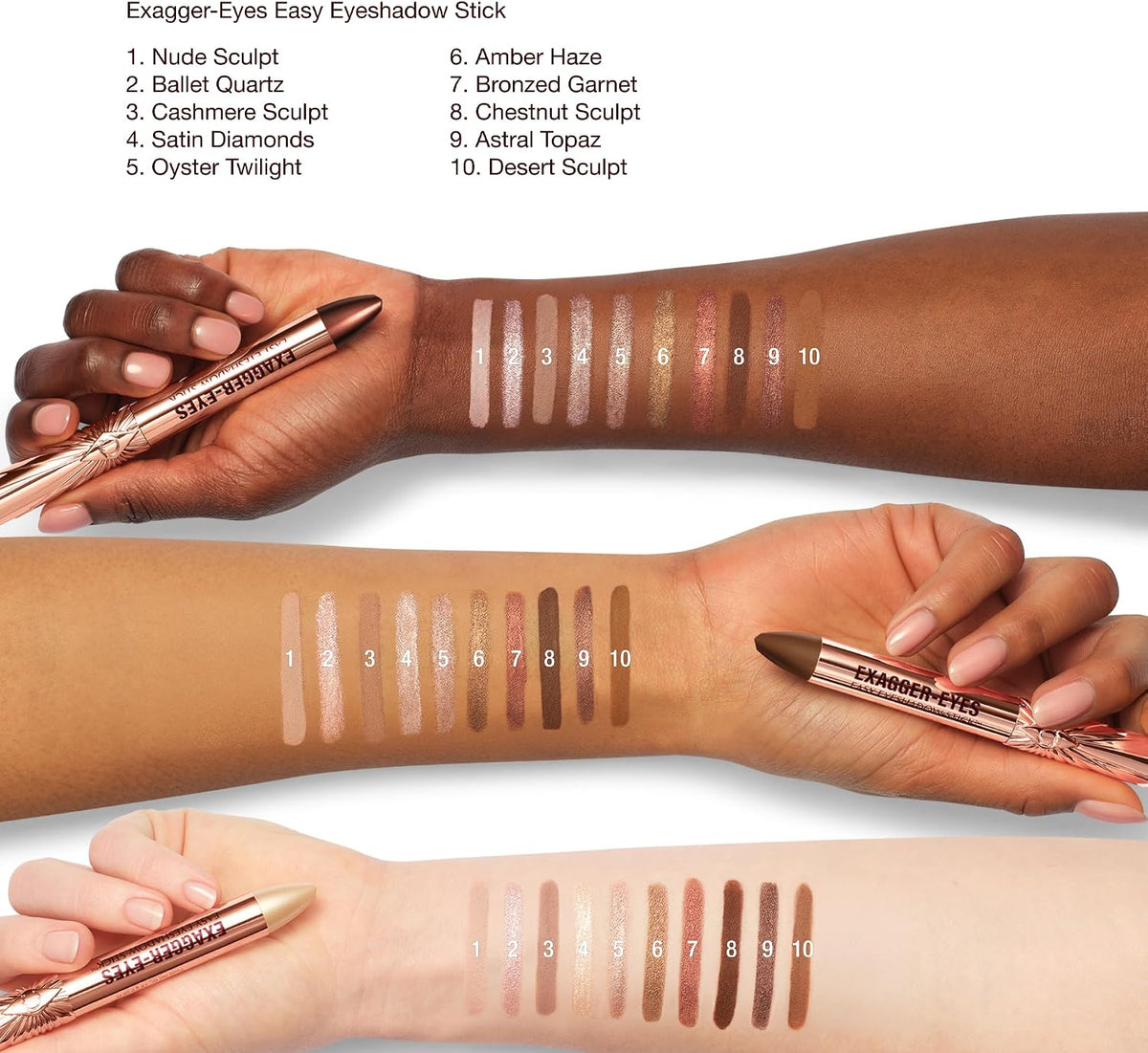 Authentic USA imported Charlotte Tilbury smudge proof eyeshadow stick swatches