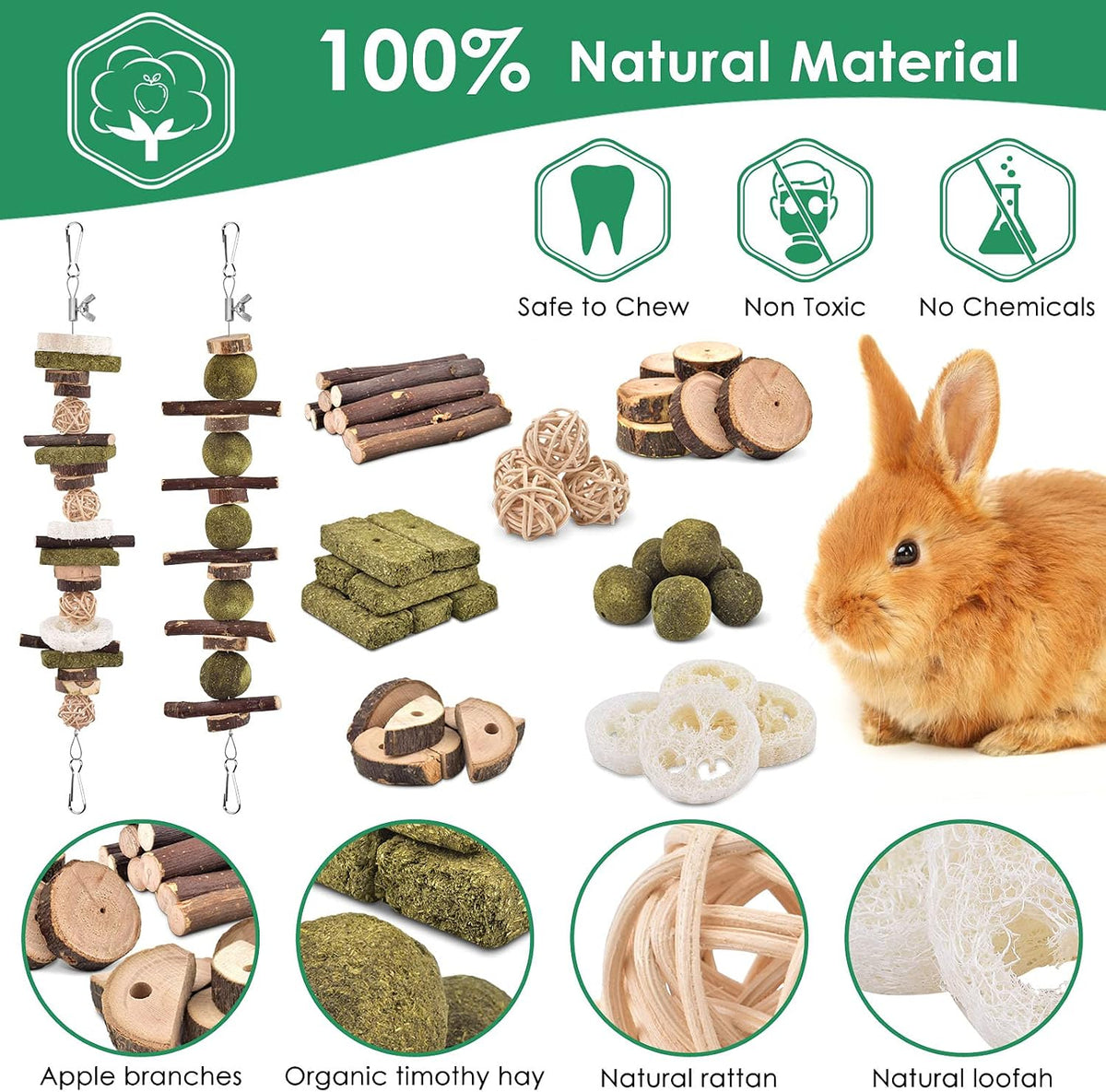 Organic timothy grass cakes and rattan balls included in the KATUMO rodent kit.