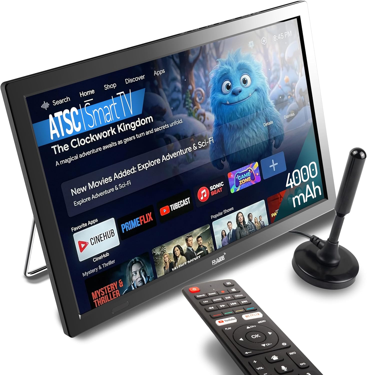 Rywob portable smart television front view showing the 15.6 inch high definition LCD screen displaying a streaming interface menu.