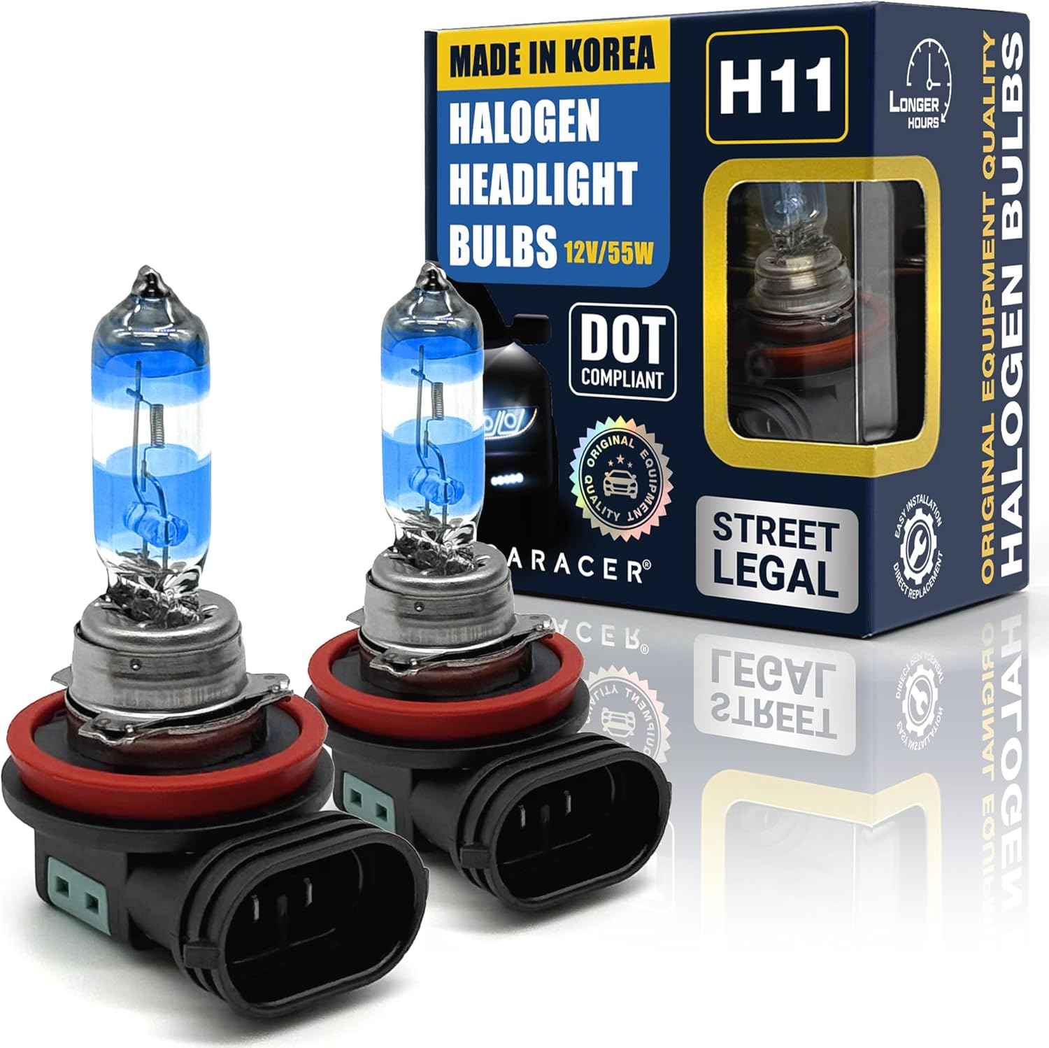 Mega Racer Premium OEM H11 Halogen Headlight Bulb pack front view showing premium Korean quality packaging.