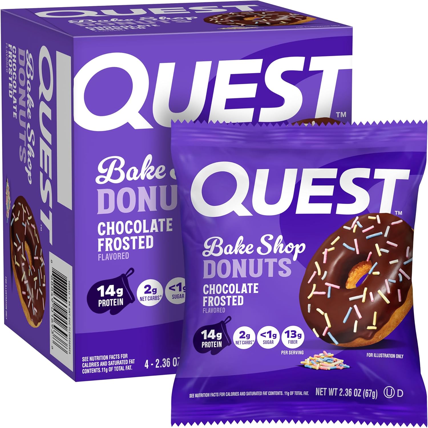 Quest Nutrition Bake Shop Chocolate Frosted Donuts 4 count box front view high protein snack