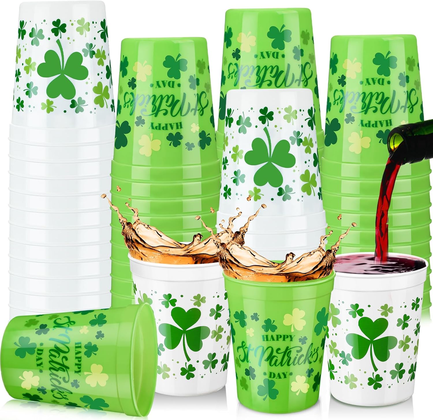 Norme St. Patrick's Day party plastic cups front view with shamrock design